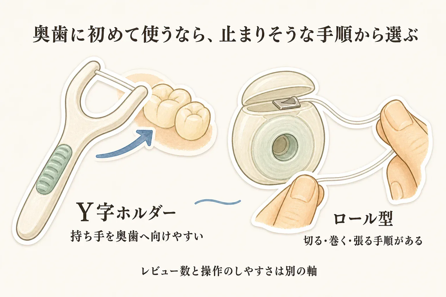 奥歯に初めてフロスを使うときの選び方として、持ち手を奥歯へ向けやすいY字ホルダーと、切る・巻く・張る手順があるロール型を並べ、レビュー数と操作のしやすさは別の軸であることを示す図