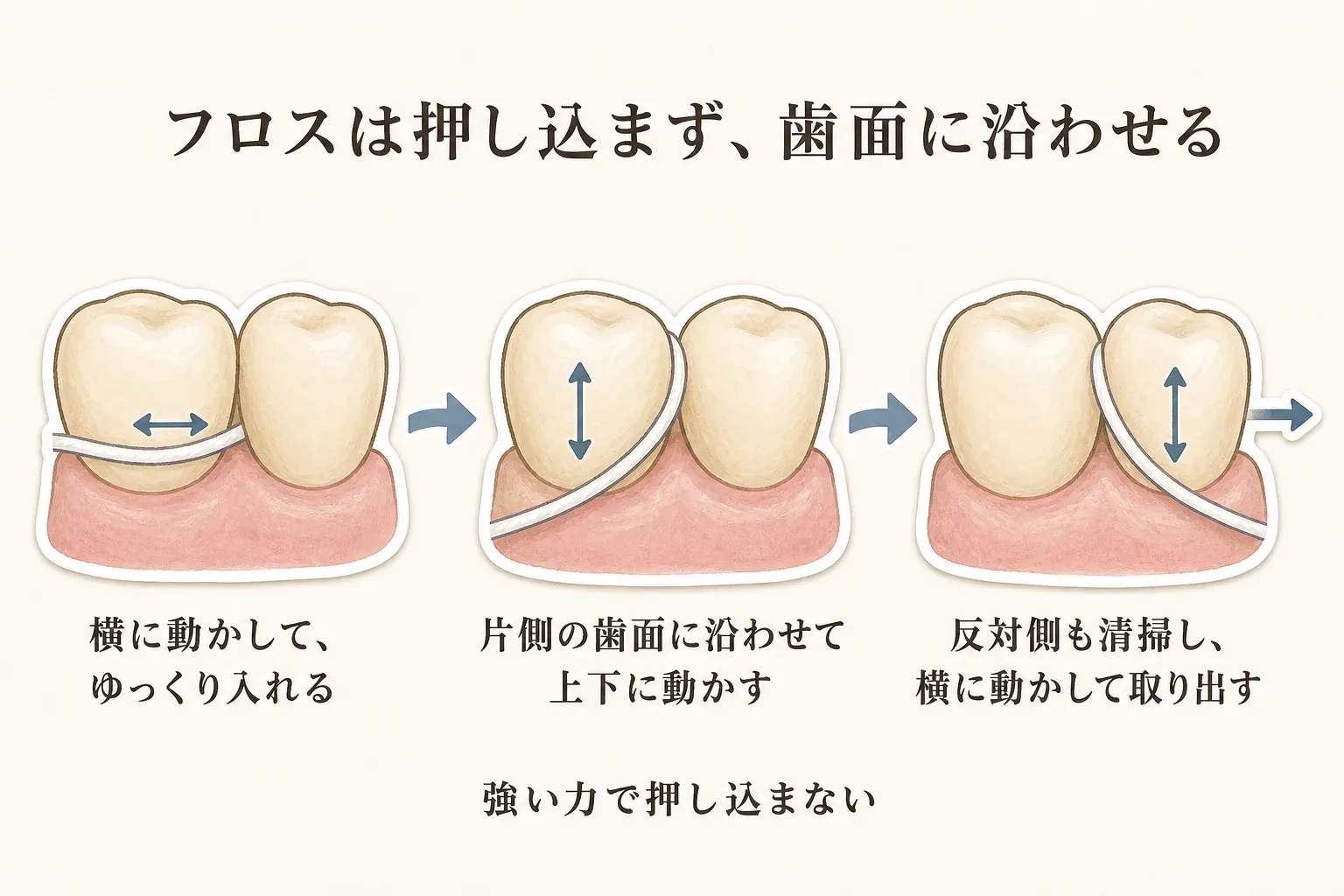 フロスの使い方として、歯間へ横に動かしてゆっくり入れ、片側の歯面に沿わせて上下に動かし、反対側も清掃して横に動かして取り出す手順を示す図。強い力で押し込まないよう案内