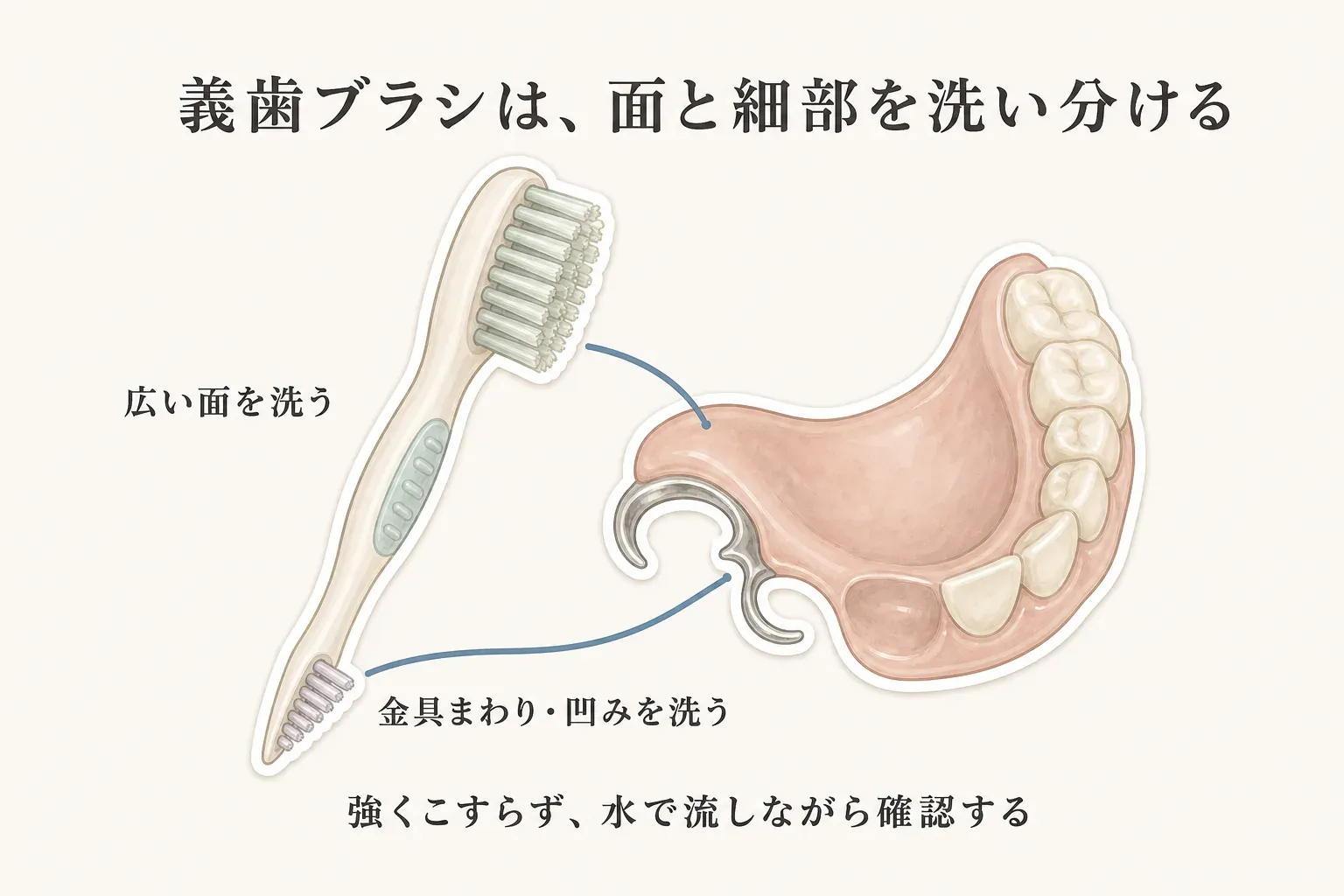 義歯ブラシの広いブラシ面で入れ歯の広い面を洗い、細いブラシ面で金具まわりや凹みを洗う役割を示す図。強くこすらず、水で流しながら確認することを案内している