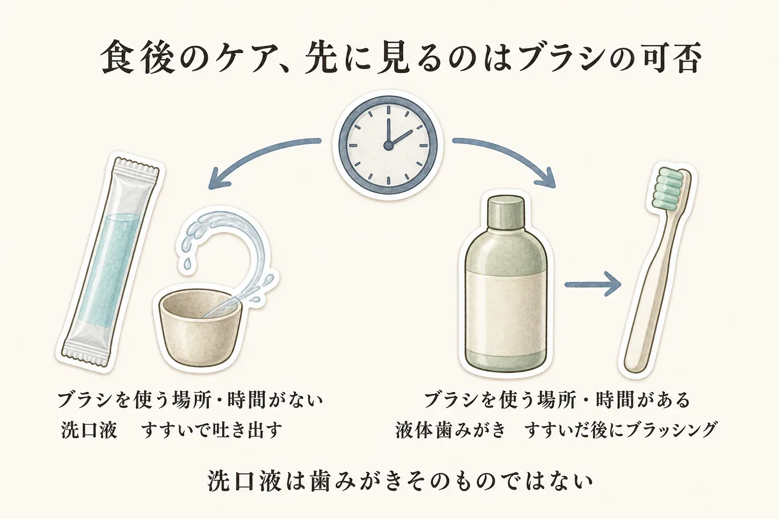食後のケアは、ブラシを使う場所と時間がない場合は洗口液をすすいで吐き出し、場所と時間がある場合は液体歯みがきをすすいだ後にブラッシングする、という選び分けを示す図。洗口液は歯みがきそのものではないことを案内