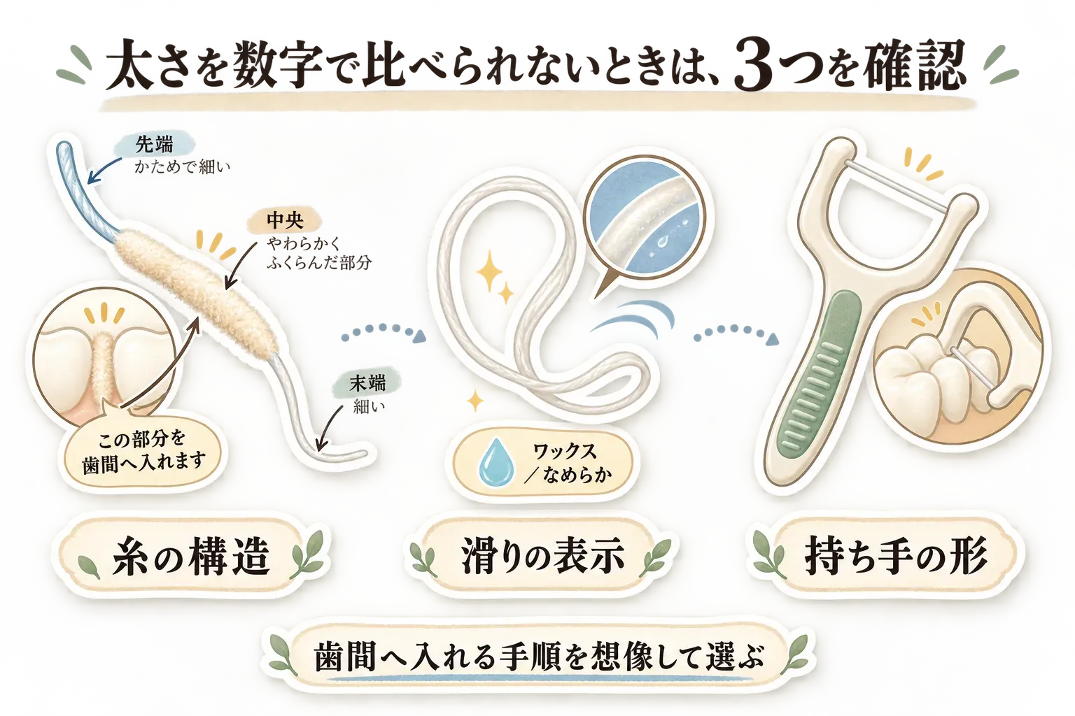 糸の太さを数値で比べられないときの確認軸として、3区分フロスの糸の構造、ワックス付きフロスの滑りの表示、奥歯に届くY字ホルダーの持ち手の形を示し、歯間へ入れる手順を想像して選ぶことを説明する図
