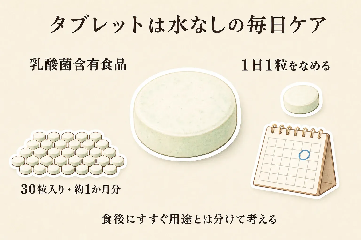 タブレットは水なしで続ける毎日ケアであることを示す図。乳酸菌含有食品のタブレットを1日1粒なめ、30粒入りで約1か月分とし、食後にすすぐ用途とは分けて考えることを表す