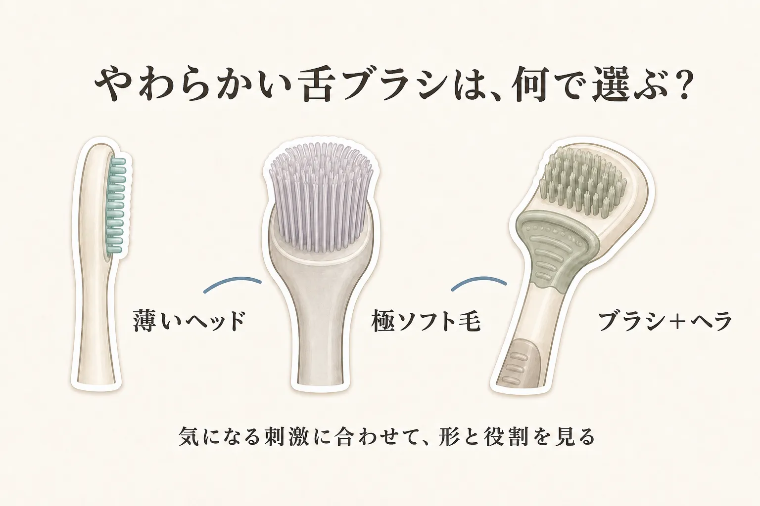 やわらかい舌ブラシの選び方として、薄いヘッド、極ソフト毛、ブラシとヘラの一体型を並べ、気になる刺激に合わせて形と役割を見ることを示す図