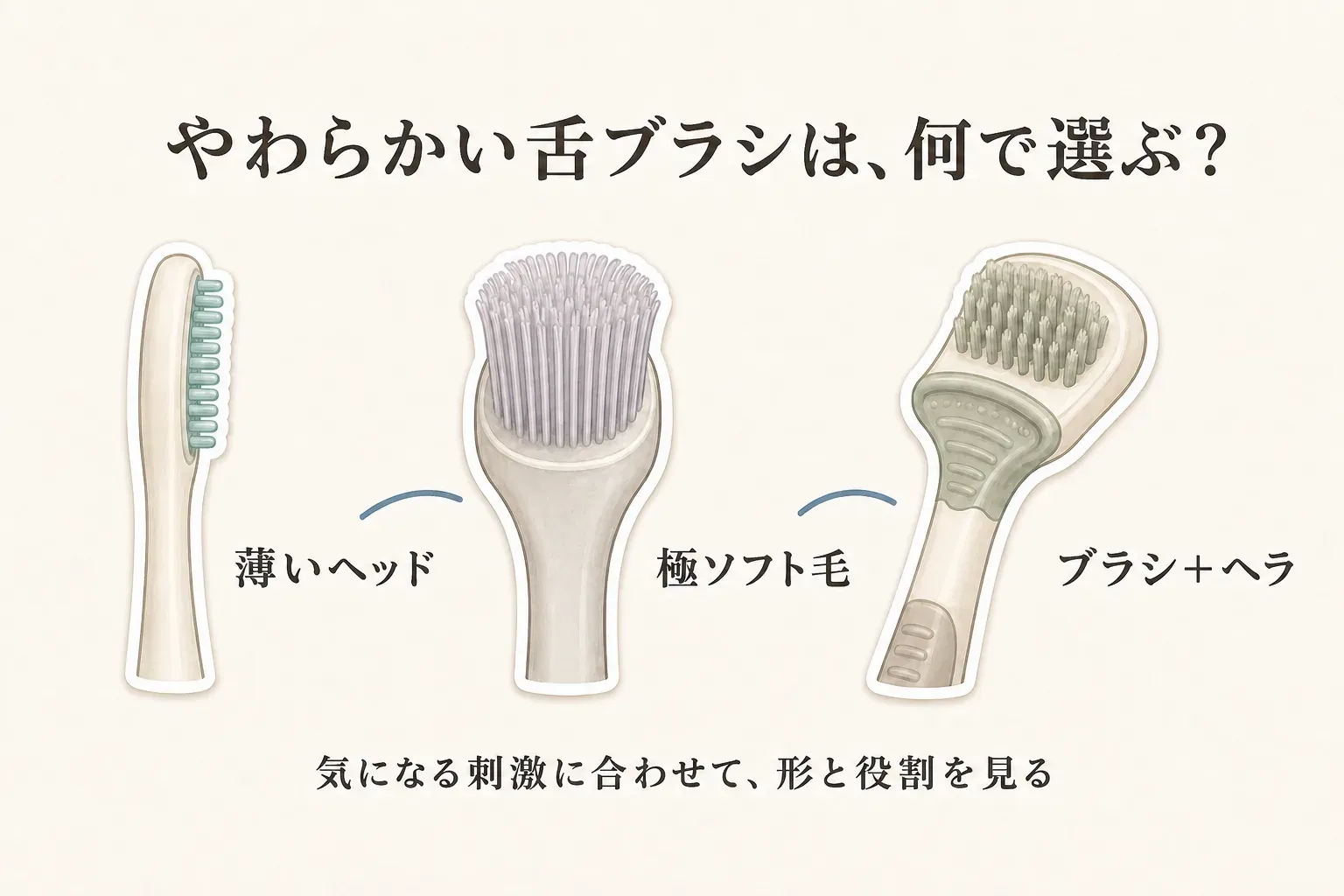 やわらかい舌ブラシの選び方として、薄いヘッド、極ソフト毛、ブラシとヘラの一体型を並べ、気になる刺激に合わせて形と役割を見ることを示す図