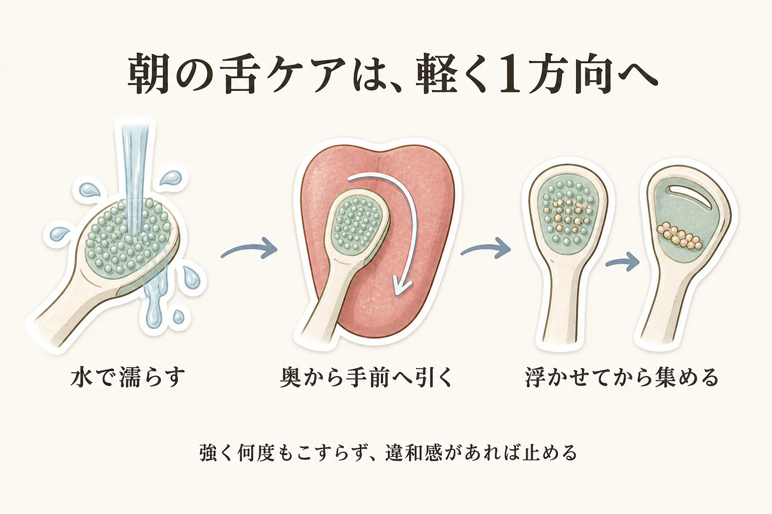 朝の舌ケアは、舌ブラシを水で濡らし、舌の奥から手前へ軽く一方向に引き、2WAY型はブラシで汚れを浮かせてからヘラで集める手順を示す図。強く何度もこすらず、違和感があれば止めるよう案内